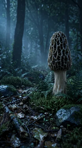 Morel Mushroom in Misty Blue Forest