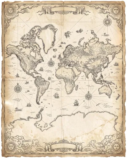 Vintage Hand-Drawn World Map on Parchment