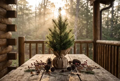 Miniature Pine Tree on Rustic Cabin Porch