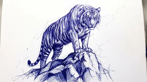 Blue Ballpoint Pen Sketch of Tiger