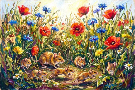 Oil Pastel Mice in Wildflower Meadow