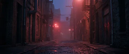 Misty Urban Alleyway in Red Light