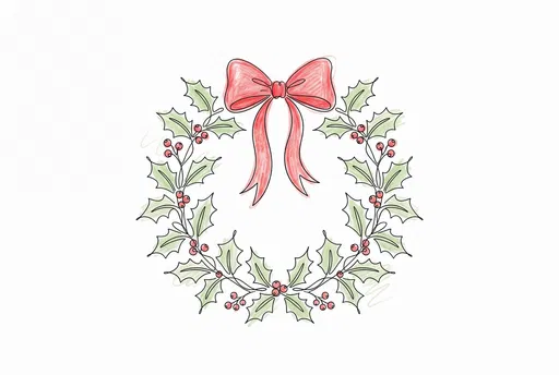 Hand-Drawn Holly Wreath With Red Bow