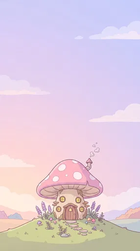 Whimsical Pastel Mushroom Fairy Cottage Illustration