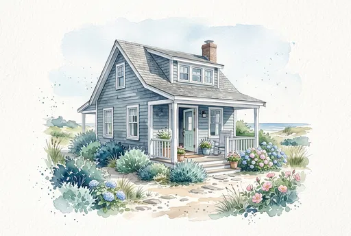 Watercolor Coastal Blue Clapboard Cottage