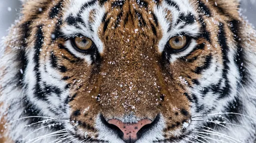 Close-Up of Snow-Dusted Tiger Face