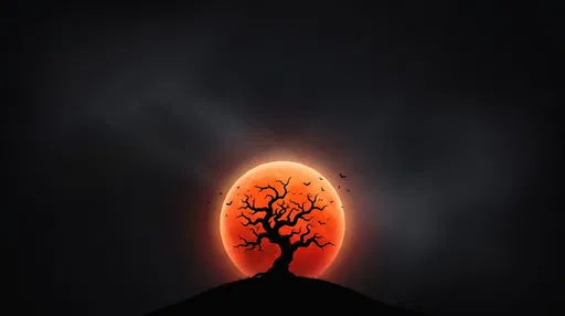 Twisted Tree Silhouette Against Blood Moon