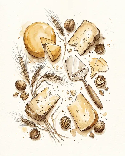 Sepia Watercolor Cheese and Walnuts Illustration
