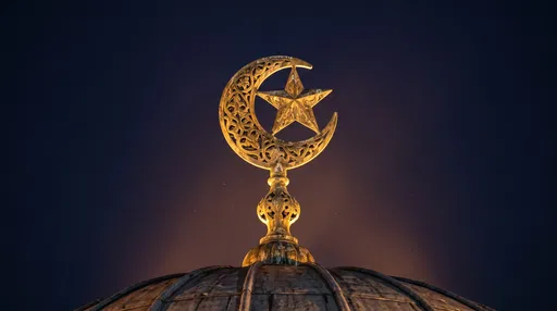 Ornate Brass Mosque Dome Finial at Night
