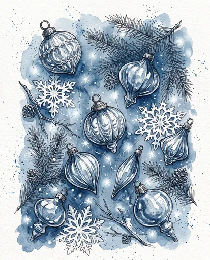 Blue Watercolor Christmas Ornaments Illustration