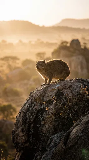 Cape Hyrax on Boulder at Sunrise
