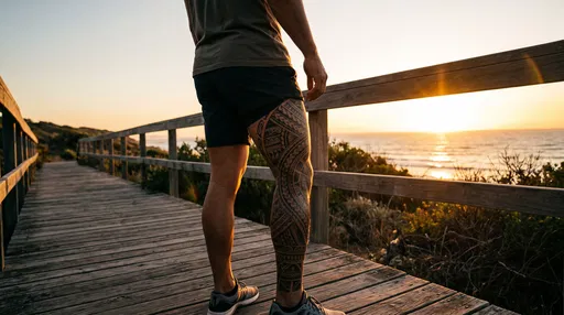 Man With Polynesian Leg Tattoo At Sunset