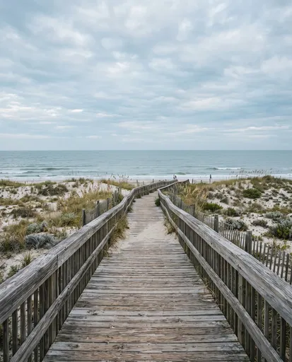 Weathered Wooden Boardwalk to Overcast Beach