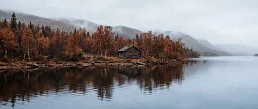 Solitary Autumn Cabin by Misty Mountain Lake