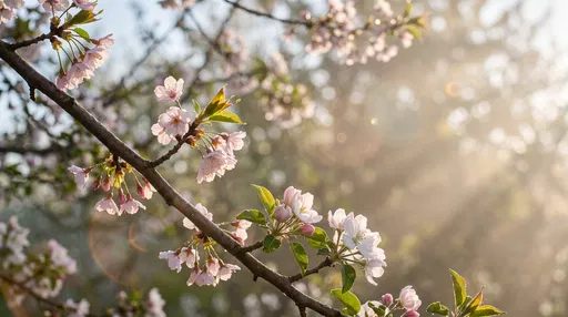 Spring Blossoms on Branch in Morning Light