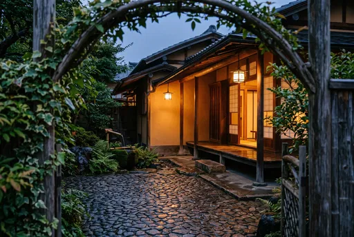 Japanese Wooden Pavilion and Courtyard at Twilight