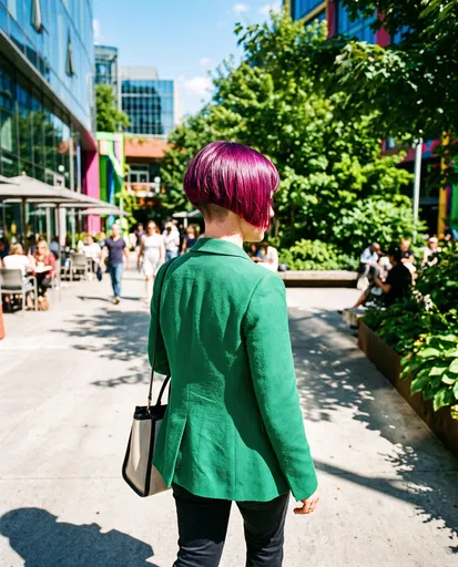 Woman With Purple Undercut Bob Walking Outdoors