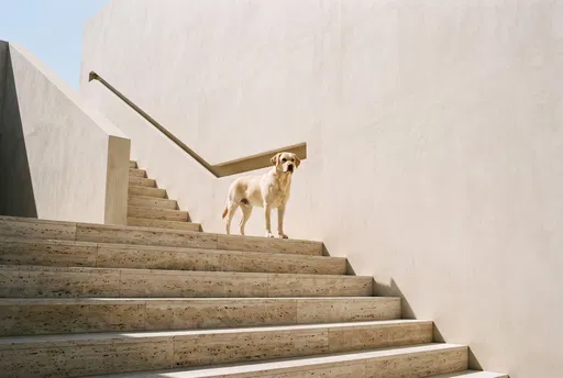 Yellow Labrador on Modern Travertine Steps