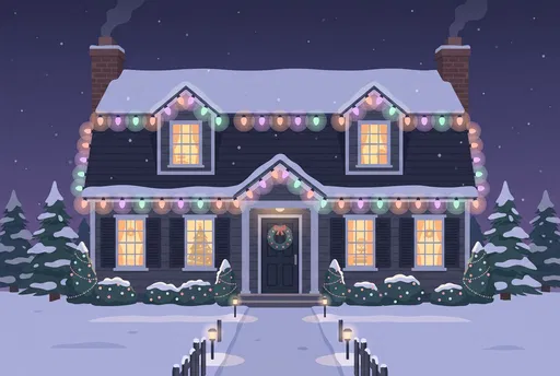 Snowy Colonial House With Pastel Christmas Lights