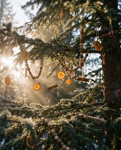 Backlit Fir Branches With Rustic Holiday Ornaments