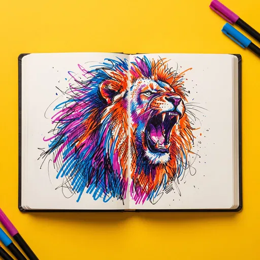 Colorful Marker Lion Drawing in Open Sketchbook