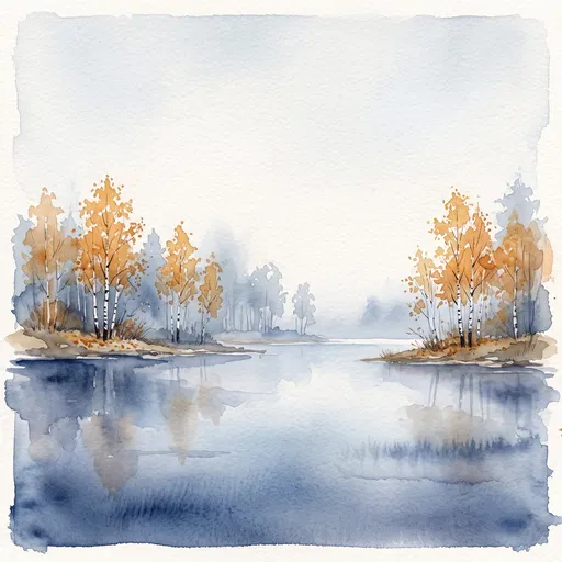 Watercolor Autumn Lake and Birch Trees