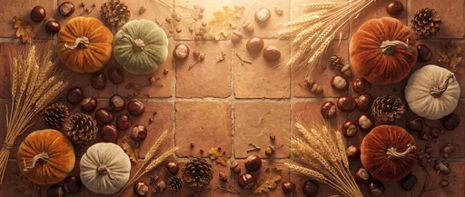 Autumn Velvet Pumpkins Flat Lay on Terracotta
