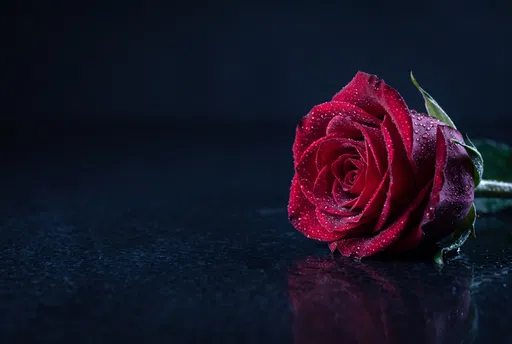 Crimson Rose on Dark Reflective Surface