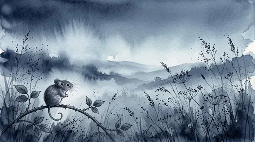 Indigo Watercolor Field Mouse in Meadow