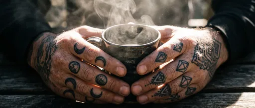 Tattooed Hands Holding Steaming Coffee Mug
