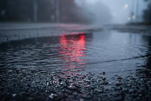 Red Reflection in Foggy Asphalt Puddle