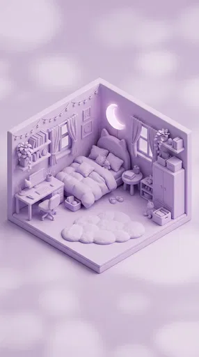 Pastel Lilac Isometric Miniature Bedroom Render