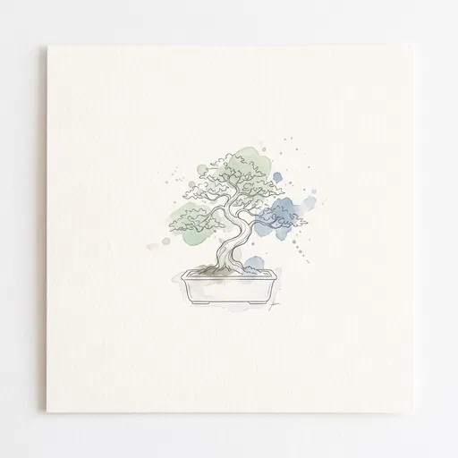 Minimalist Bonsai Tree Line and Watercolor Art