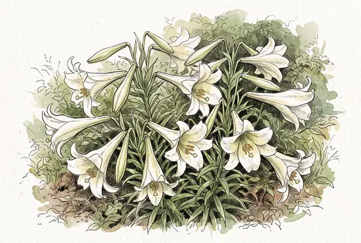 Watercolor and Ink White Easter Lilies Illustration