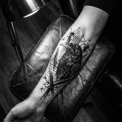 Monochrome Raven Forearm Tattoo Under Lamp