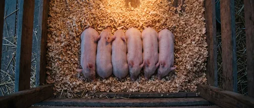 Six Newborn Piglets Sleeping in Wood Shavings