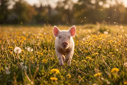 Piglet Running Through Golden Dandelion Field