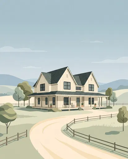 Modern Farmhouse Pastel Architectural Illustration