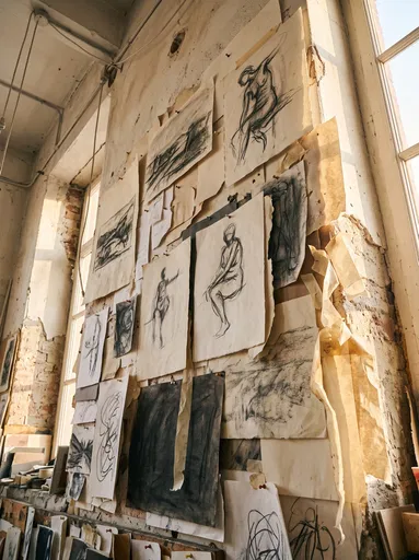 Charcoal Sketches Pinned to Sunlit Studio Wall