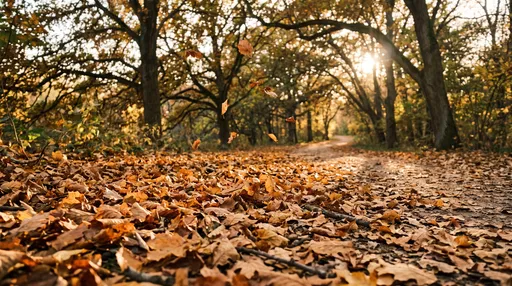 Golden Autumn Pathway with Falling Leaves