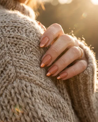 Copper French Tip Nails on Sweater