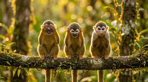 Three Squirrel Monkeys Enacting Proverb