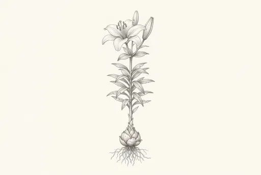 Botanical Pencil Drawing of Complete Lily Plant