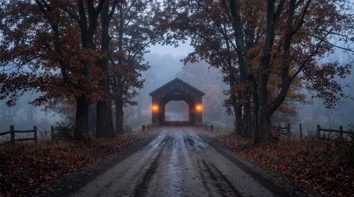 Misty Autumn Road to Covered Bridge