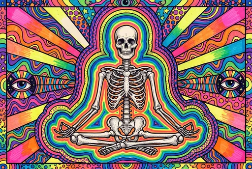 Psychedelic Marker Drawing of Meditating Skeleton