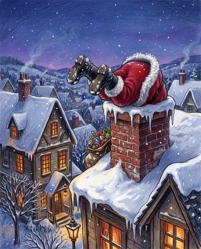 Santa Stuck in Snowy Chimney Illustration