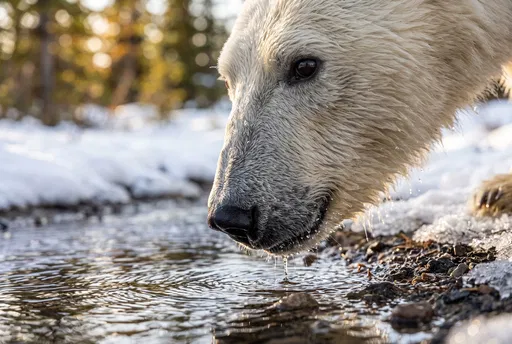 Close-Up of Polar Bear Drinking From Stream
