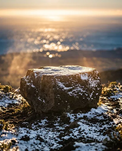 Snowy Basalt Boulder at Golden Hour