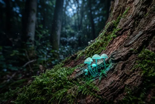 Bioluminescent Mushrooms on Mossy Tree Bark
