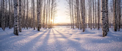 Sunlight Through Snowy Birch Forest